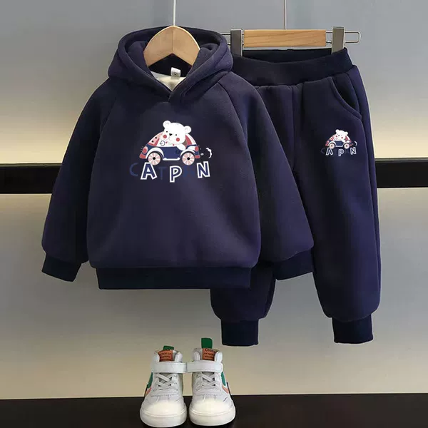 Car bear navy blue sweatshirt + pants plus velvet style