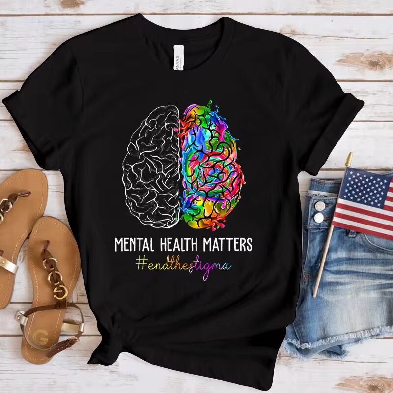 Splash Color Half Brain Mental Health Charity Print White Short Sleeve T-Shirt Healing Loose Fit Women's Pure Cotton Half Sleeve