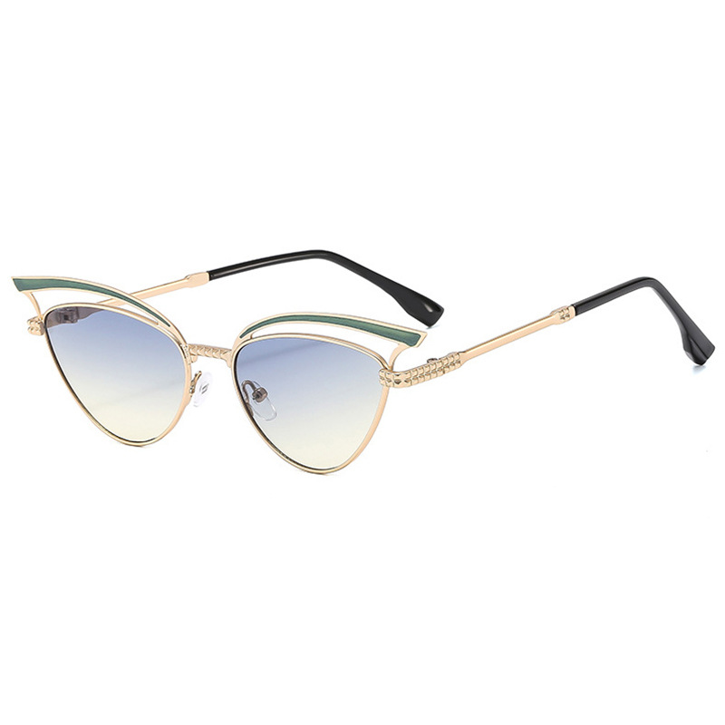 2024 nuevas gafas de sol de ojo de gato huecas de metal personalizadas, el mismo estilo, gafas de sol para exteriores esenciales de forma cóncava