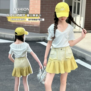 跨境女童短袖T恤半身裙套装2025夏季爆款蕾丝连帽上衣百褶裙套装