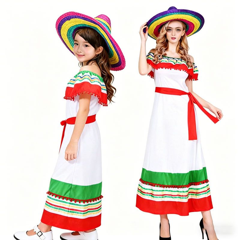 Halloween Mexican Dress Costume, Ethnic Style Cosplay Parent-Child Dress with Hat Included Halloween Mexican Dress Costume, Ethnic Style Cosplay Parent-Child Dress with Hat Included