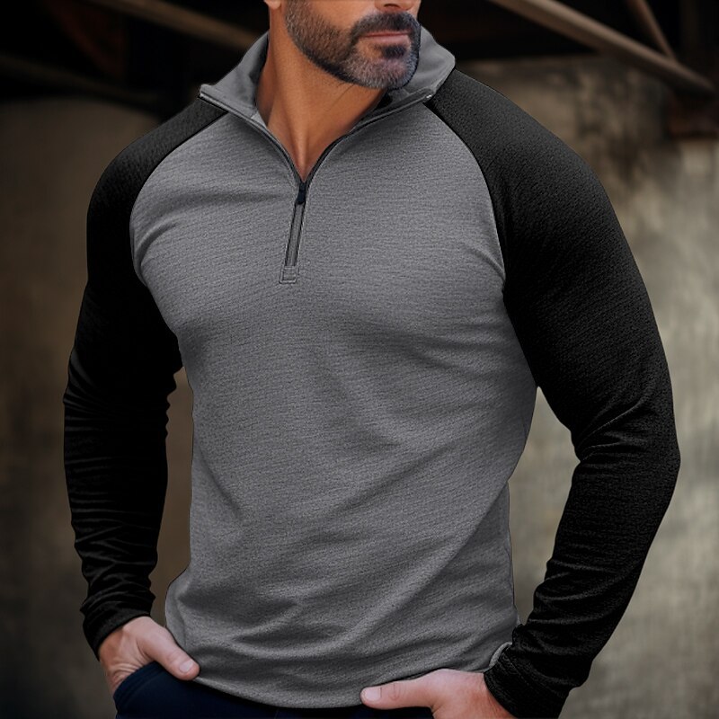 long sleeved zippered high neck sweatshirt Men's pullover color matching standing collar outdoor sweater_voghion.com