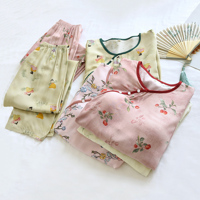 National Style Cotton Silk Belt Chest Pad Pajamas Women's Spring and Summer New Chinese Style Mid-Sleeve Trousers Artificial Cotton Thin Home Clothes suit