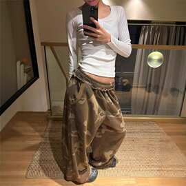 美式辣妹迷彩阔腿裤女秋冬新款直筒休闲裤宽松运动卫裤设计感长裤