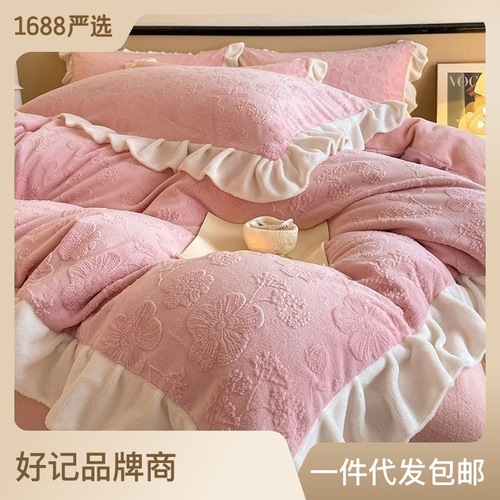 Winter milk velvet four-piece wholesale solid color coral velvet quilt cover thickened double-sided flannel anti-static bed use