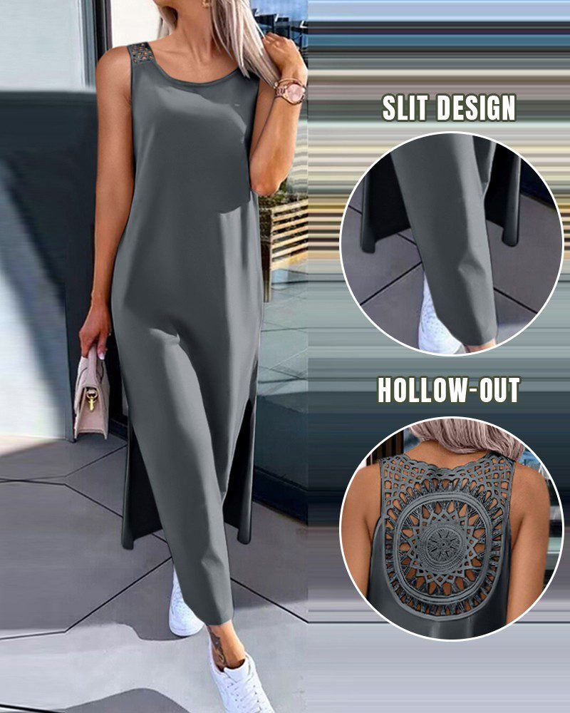 European And American Style Foreign Trade Women's Clothing Lace Hollow-out Suspender Sleeveless Slit Tank Dress,_ecoleips.com