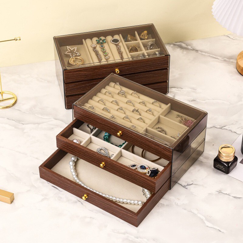Walnut Wood Grain Three-Layer Drawer Jewelry Storage Box Ring Earrings Earrings Necklace Bracelet Jewelry Dustproof