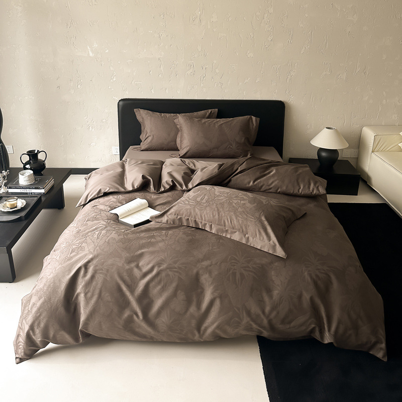 Juego de cama de cuatro piezas de algodón de fibra larga satinado 100S de alta gama, juego de cuatro piezas de algodón puro jacquard, funda nórdica, sábana ajustable