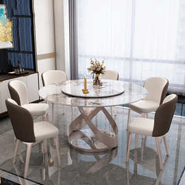 岩板圆桌家用10人8人带转盘餐桌轻奢旋转大圆形旋转桌大现代简约
