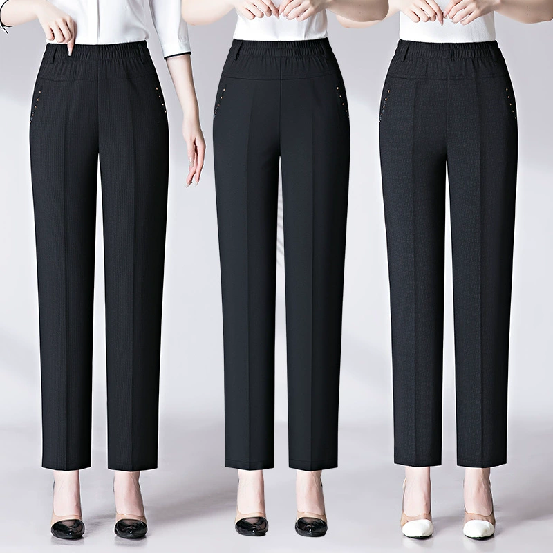 Мама средних лет прямые брюки 2024 новая мама лето тонкие черные брюки из ледяного шелка