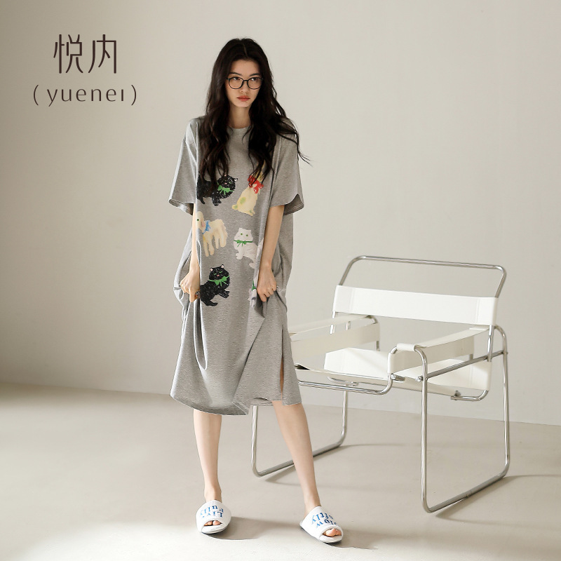Yuenei ネグリジェ レディース パジャマ 夏 夏 純綿 ホーム服 ゆったり 大きいサイズ 漫画 猫 カジュアル 屋外で着用可能|undefined