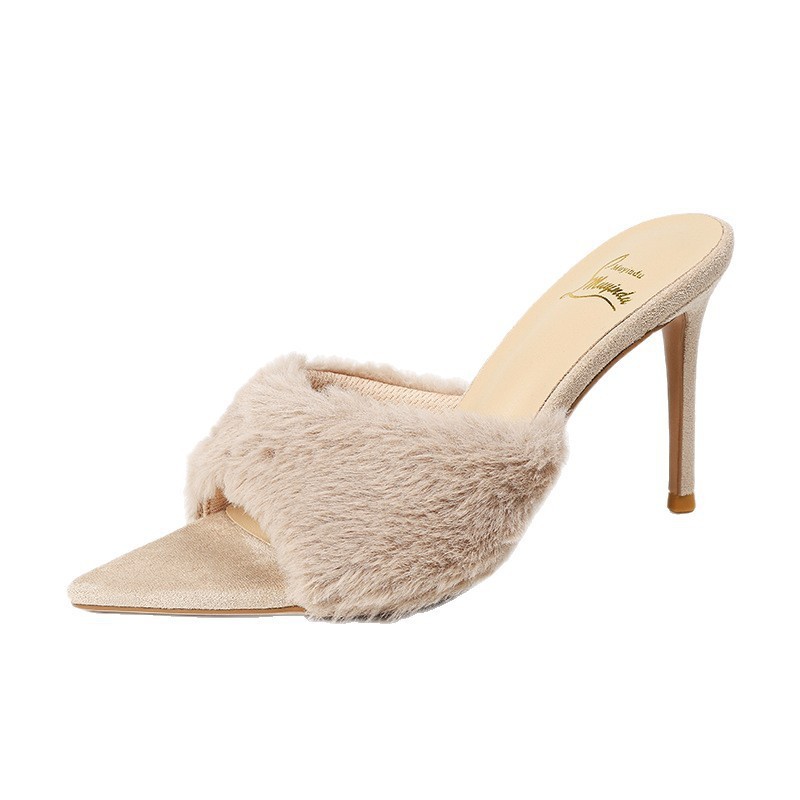 Fluffy Pointed Toe Stiletto Heel Mules For Women Stylish Sandals_voghion.com