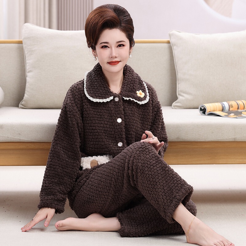 Wholesale Fleece Thickened Pajamas for Middle-Aged Mothers, Autumn and Winter Cardigan Long-Sleeve Long Pants Two-Piece Set, One-Piece Drop Shipping