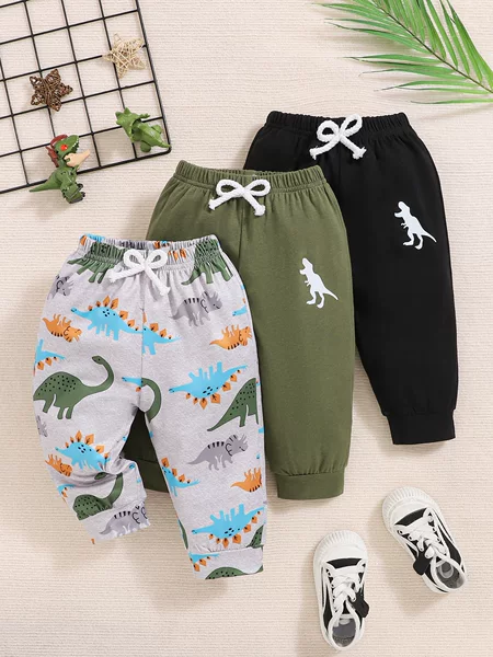 2025 European and American Ins Style Baby Boy Pants, Dinosaur Print Three-Piece Set, Trendy Spring and Autumn Style for Infants