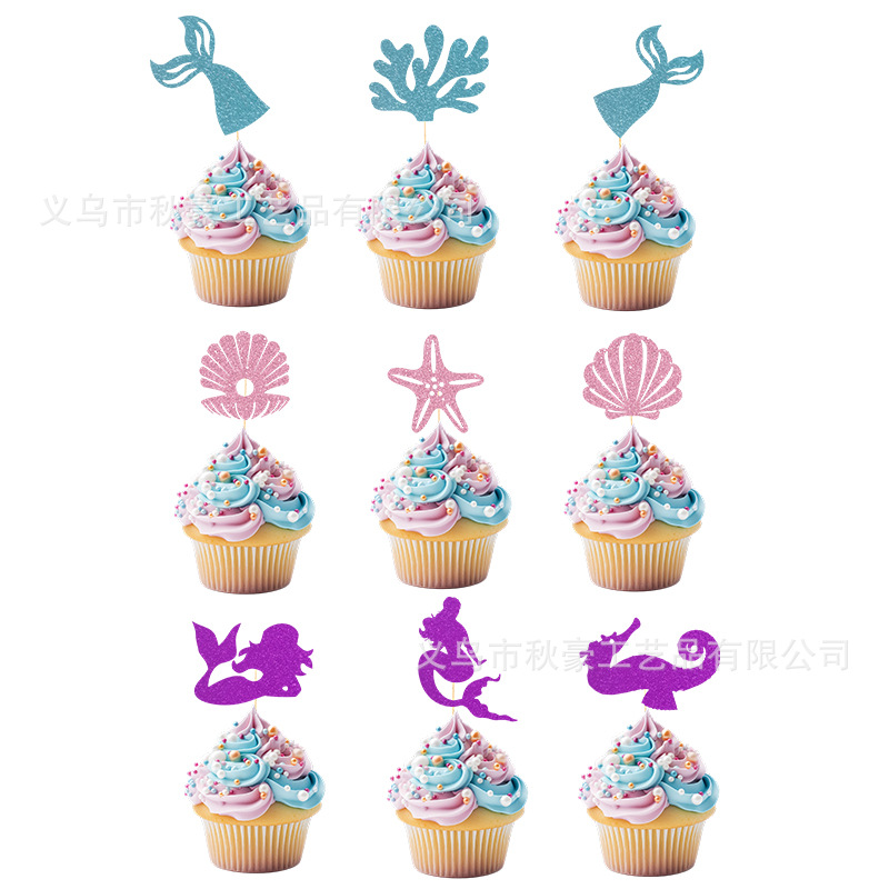 Juego de decoración de pastel de cumpleaños de sirena decoración de tema marino sombrero de copa de feliz cumpleaños sirena de color transfronterizo