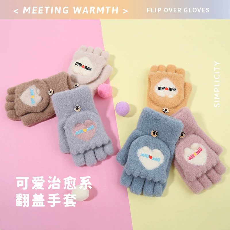 Перчатки женские осенне-зимние милые утолщенные теплые перчатки с откидной крышкой на половину пальца, студенческие вязаные перчатки с холодной защитой и надписью на флисовой подкладке