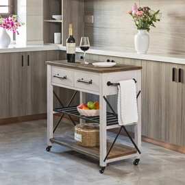 美式实木可移动中岛台厨房料理台家用铁艺小户型备餐台餐边柜