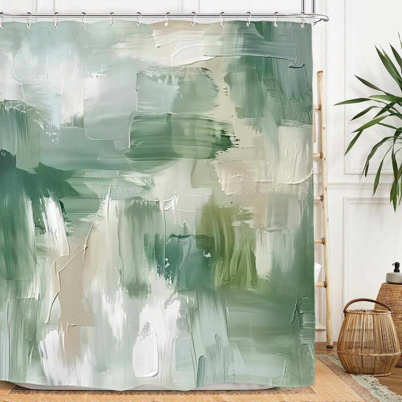 Cross-Border Shower Curtain Oil Painting Style Sage Green Shower Curtain Digital Printing Bathroom Toilet Waterproof and Mildew-Proof Partition Curtain