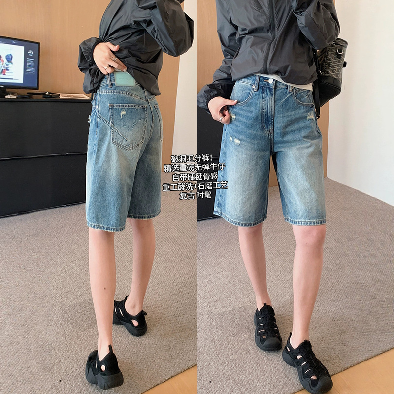 Spring Is Not Too Late: Ripped Knee-Length Shorts! Fashionable Women's Denim Shorts with Multi-Layered Design, Enzyme Wash, Stone Wash, and Folded Hem Details for Summer Spring Is Not Too Late: Ripped Knee-Length Shorts! Fashionable Women's Denim Shorts with Multi-Layered Design, Enzyme Wash, Stone Wash, and Folded Hem Details for Summer