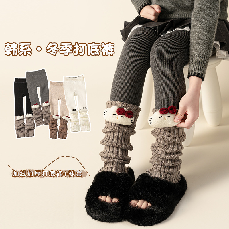 New autumn/winter fleece-lined and thickened children's leggings, Korean style KT cat socks, patchwork design, girls' warm cotton long pants.