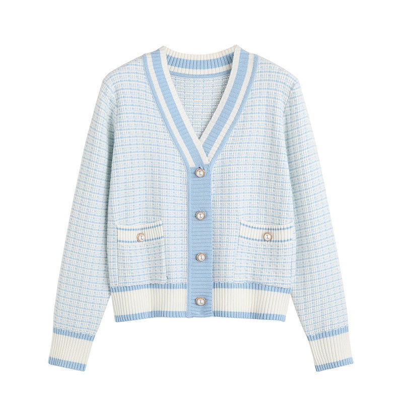 Autumn 2023 New Style Chanel Style Knitted Short Cardigan Loose V-Neck Plaid Long Sleeve Sweater Jacket for Women