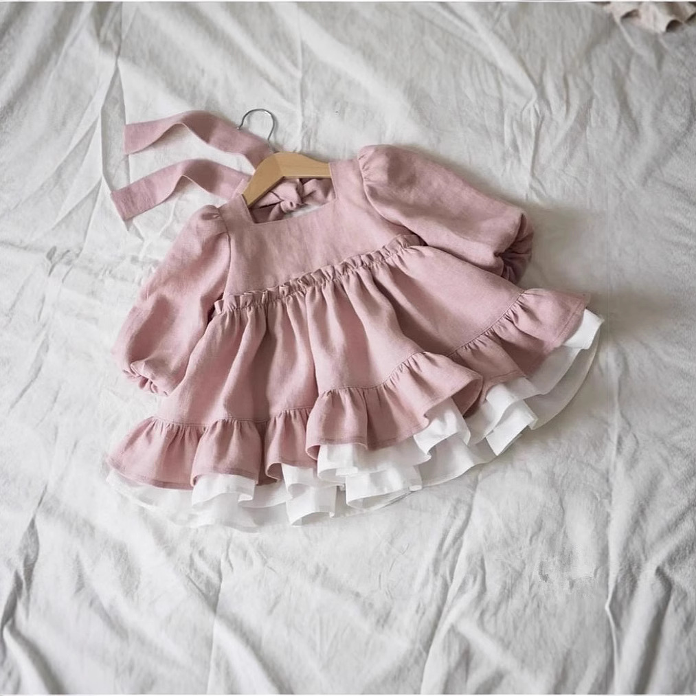 2025 Autumn and Winter Girls' Clothing Cotton and Linen Long-Sleeved Ruffled Contrasting Color Dress Lace-Up Princess Dress Ins Cross-Border