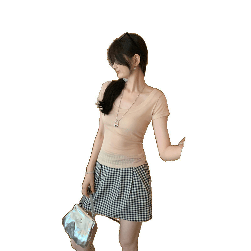 特別オファー卸売ユニークな白い薄いスリム U ネック半袖 T シャツフェミニンな新しい夏の美しいトップ|undefined