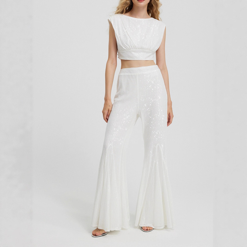 European and American Style New Sequined Sleeveless Crop Top T-Shirt Slim Fit Women's High-Waisted Flared Pants Sequined Wedding Outfit European and American Style New Sequined Sleeveless Crop Top T-Shirt Slim Fit Women's High-Waisted Flared Pants Sequined Wedding Outfit