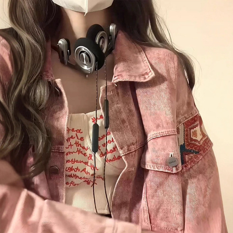 美式复古拼接牛仔外套女春秋宽松设计感小众休闲百搭粉色工装上衣|undefined