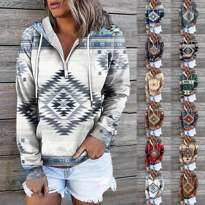 Independent Station Amazon Explosions Women's Top Western Ethnic Style Printed Zipper Hooded Sweatshirt Jacket Independent Station Amazon Explosions Women's Top Western Ethnic Style Printed Zipper Hooded Sweatshirt Jacket