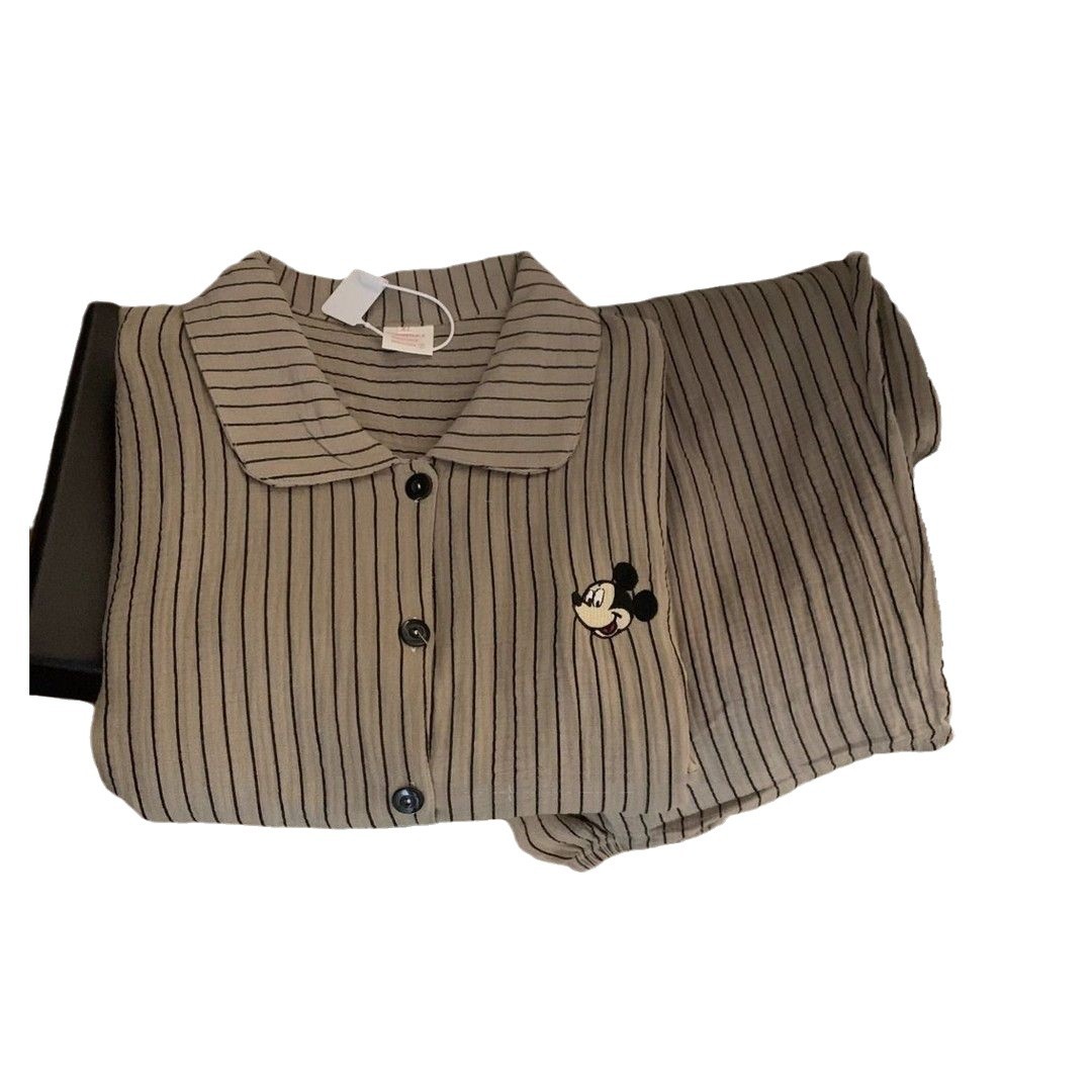 Pajamas de pareja de primavera y otoño de nuevo algodón nubes rayas verticales simples dibujos animados Mickey lindo ropa casera casual para hombres