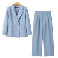 蓝色西装阔腿裤套装女春秋气质通勤双排扣外套高腰显瘦垂感职业装