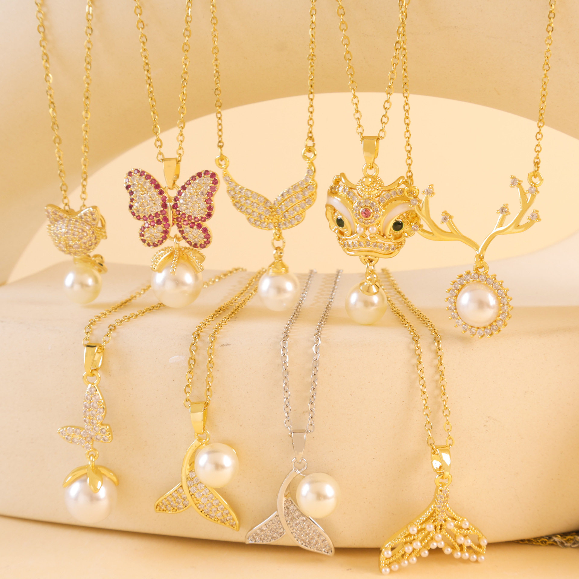 13g Weight Copper Pendant Material Wholesale Jewelry IG Style Shiny Butterfly Fish Tail Antlers Titanium Steel Copper Pearl Zircon Inlay Pendant Necklace Cable Chain