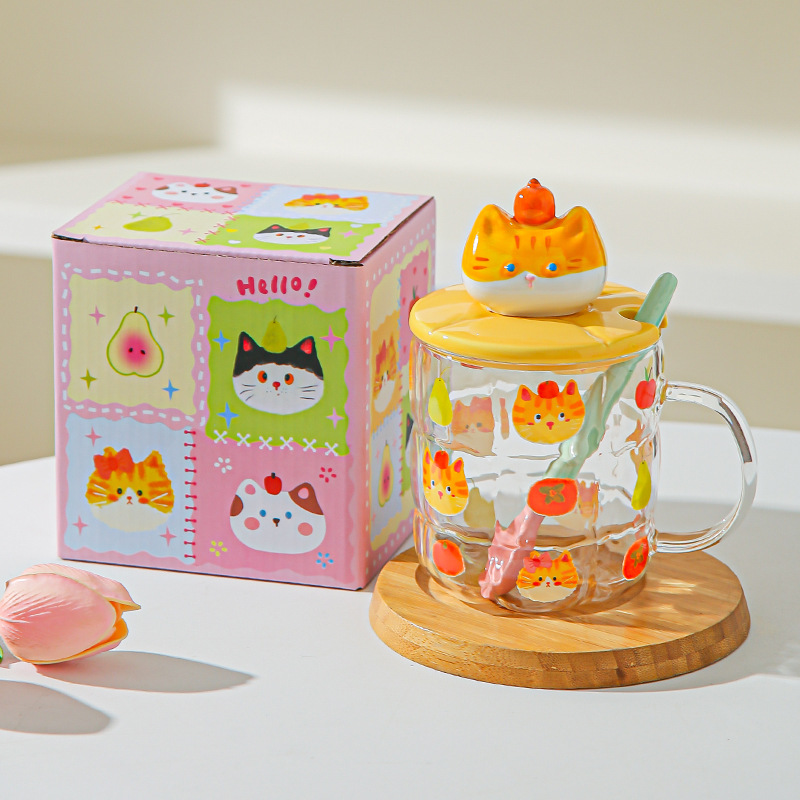 Gato estereoscópico pintado a mano alta resistencia al calor de vidrio de silicio de alta calidad de oficina con cubierta de cuchara de agua taza de dibujos animados taza de marca