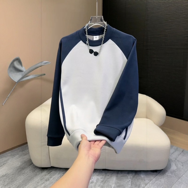 European Style Men's Embroidered Color Blocked Crew Neck Sweatshirt High End Light Luxury Autumn Striped Long Sleeved Top Trendy 2025_voghion.com