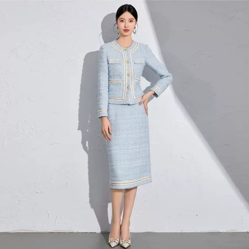 Демисезонная модная синяя юбка, комплект, костюм по фигуре, стиль Chanel