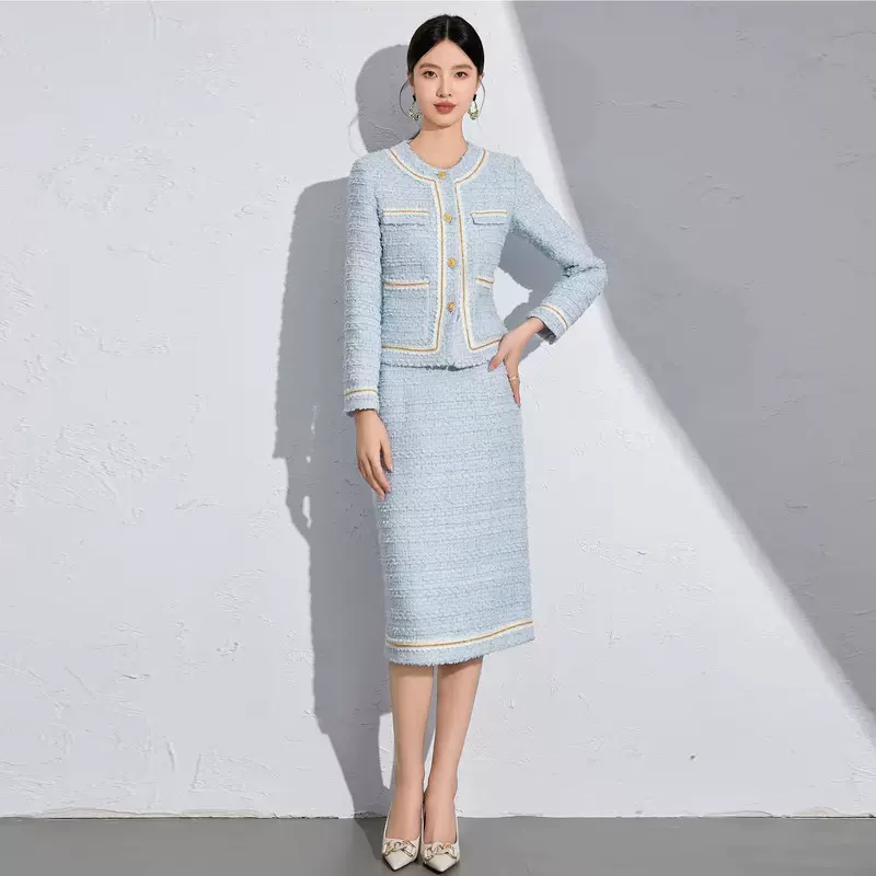 秋冬时尚浅蓝色粗花呢小香风职业女裙套装气质名媛修身显瘦西装OL