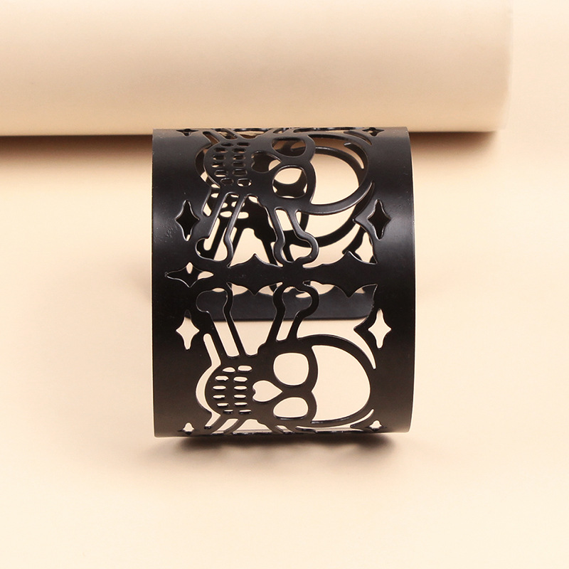 Bracelet en métal personnalisé avec tête de mort, bracelet large à manchette noire rétro punk pour Halloween_voghion.com