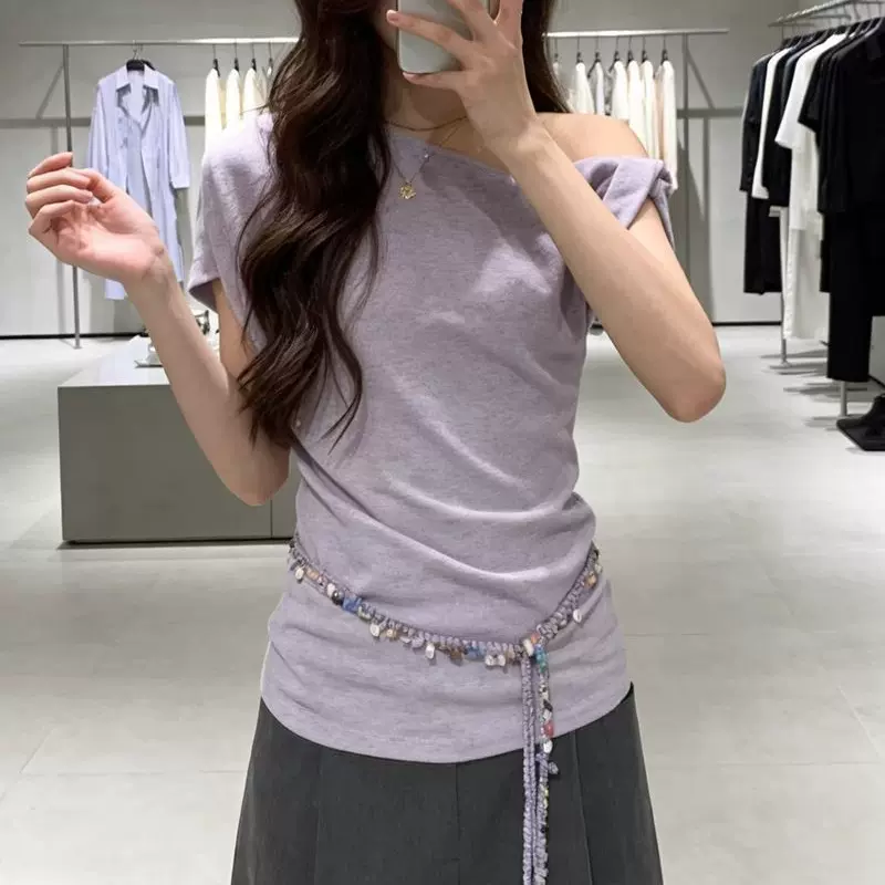 纯欲甜辣妹紫色斜领扭结褶皱掐腰短袖t恤女夏季韩系修身露肩上衣