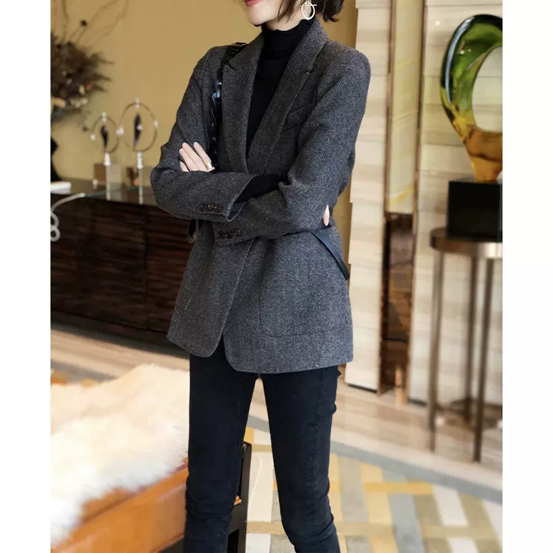 现货厂家批发 人字纹小西服中长款 春秋新款毛呢小西装外套