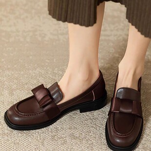 French Entry Luxury Retro British Style Small Leather Shoes 2025 New Women's Shoes Single-layer Shoes Square Toe Bow Loafers