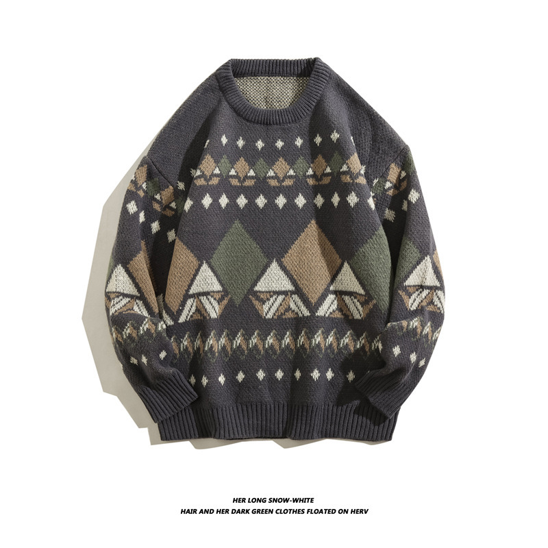 Ethnic Style Japanese Retro Diamond Sweater Men's Autumn and Winter Loose Fashionable Lazy Style Round Neck Casual Knitted Sweater Ethnic Style Japanese Retro Diamond Sweater Men's Autumn and Winter Loose Fashionable Lazy Style Round Neck Casual Knitted Sweater