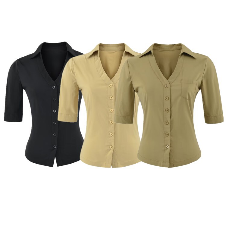 Black Khaki V-Neck Half-Sleeve Shirt for Women, Elegant Turn-Down Collar, Slim Fit, Waist-Cinching, Slimming Top, Mid-Sleeve Blouse