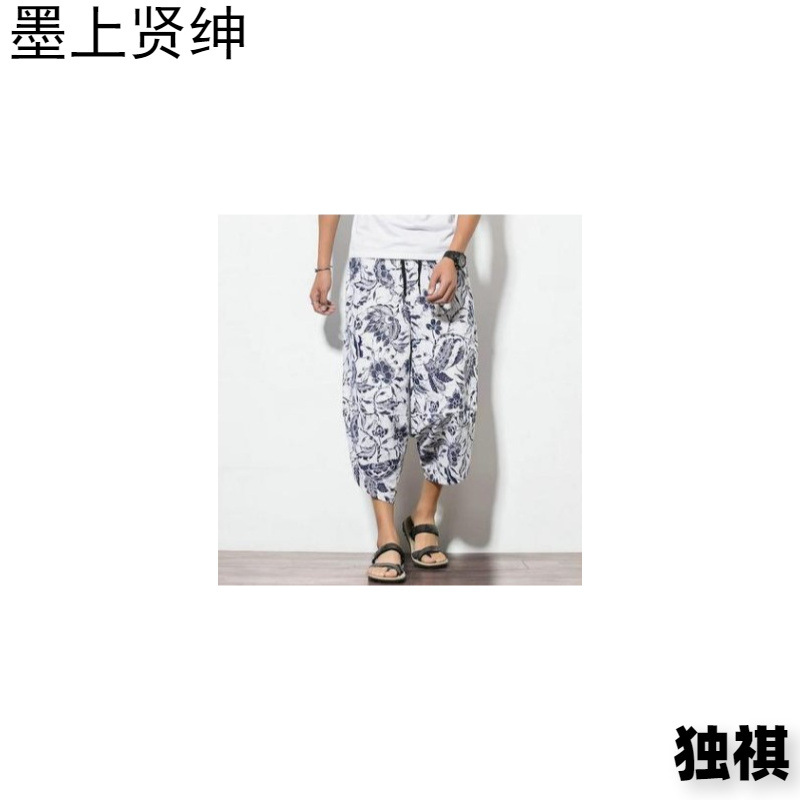 Venta al por mayor de fábrica pantalones de cáñamo de verano pantalones cortos para hombres pies sueltos pantalones de zanahoria pantalones harem de lino de algodón pantalones de flores de estilo étnico