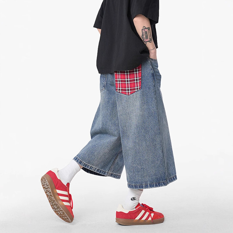 American Style Retro Plaid Denim Cropped Pants for Men and Women 2025 Summer Loose Design Sense Shorts Straight Leg Wide Leg Pants