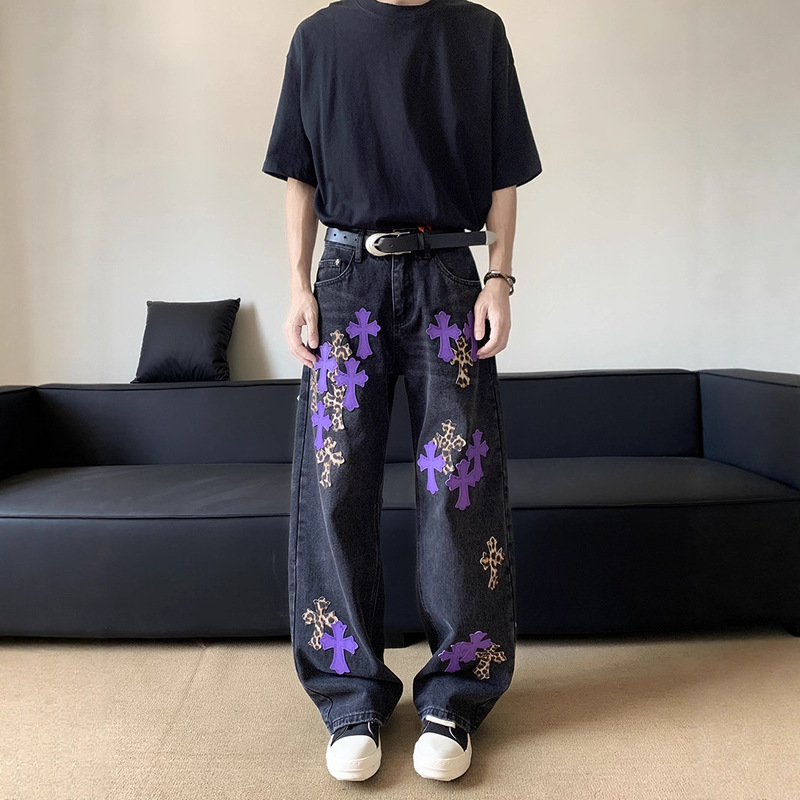 American Leather Label Cross Scimitar Jeans Boys High Street Vibe Style Loose Youth Straight Wide Leg Pants