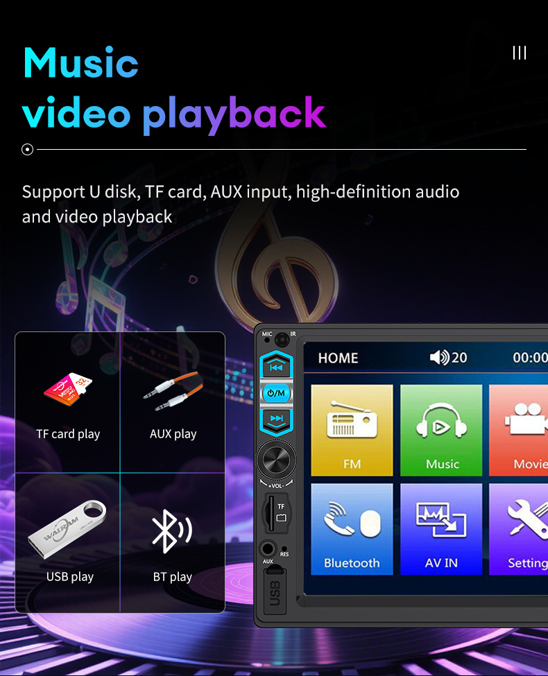 7inch Mp5 Player Car Display Screen Portable Fm Reversing Rear View Bluetooth Connection Hd 1080