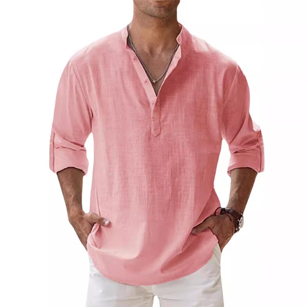 Summer New Casual Men's Loose Trendy Stand Collar Sports Color Long Sleeve Cotton Top Plus Size Shirt in Stock