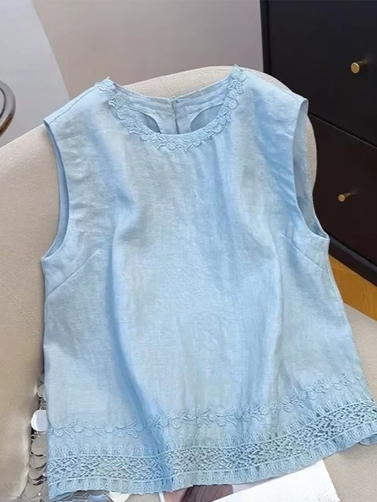 今年人気のブルー刺繍リネンノースリーブシャツ女性用2025夏の新しいルーズで多用途の甘いトップストレンド|undefined