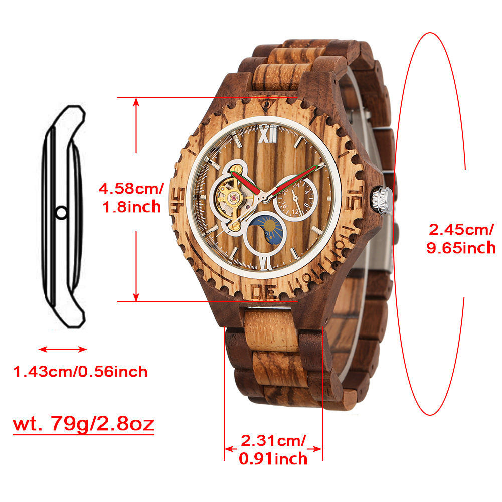 Automatic Mechanical Watch Men Zebra Wood Red Sandalwood Skeleton_voghion.com